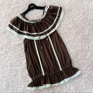 Liz Lisa Brown Eyelet Lace Trim Tunic Top